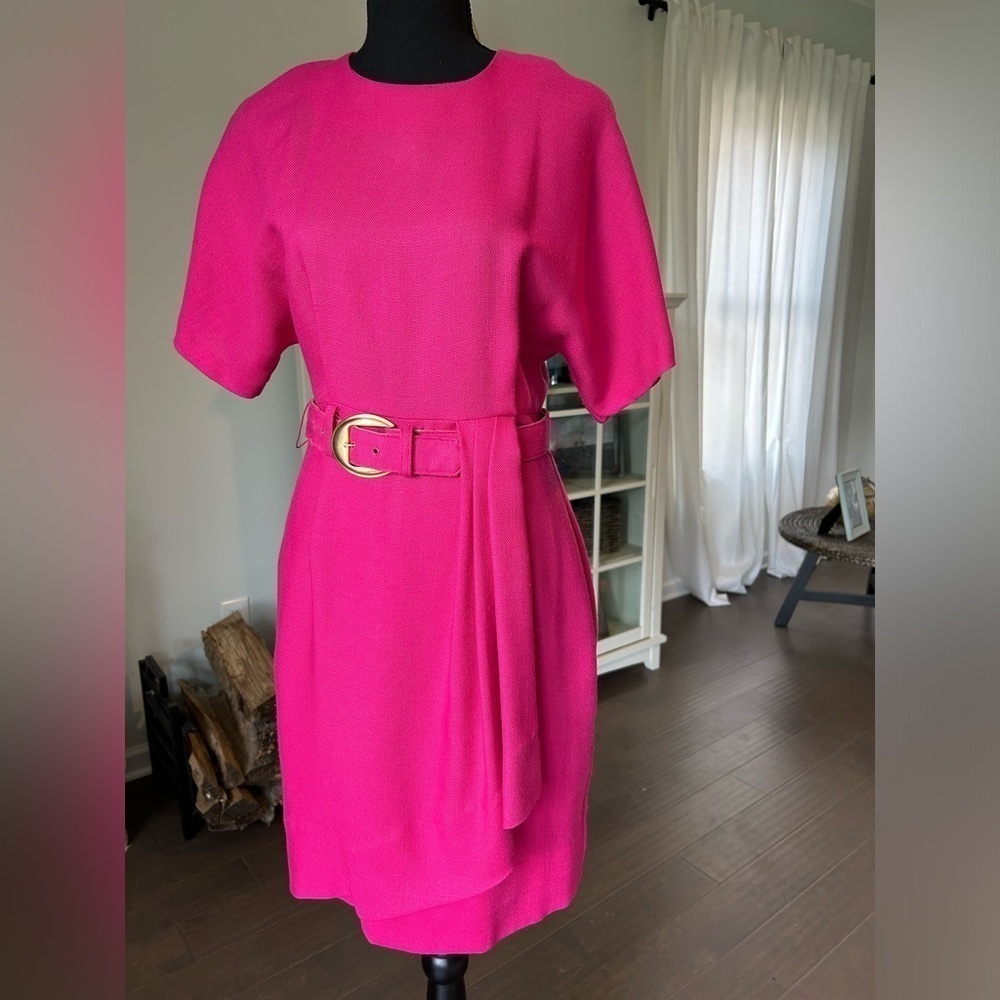 Vintage 80s Lady Carol Fushia Pink Belted Dress SZ 4 Petite
